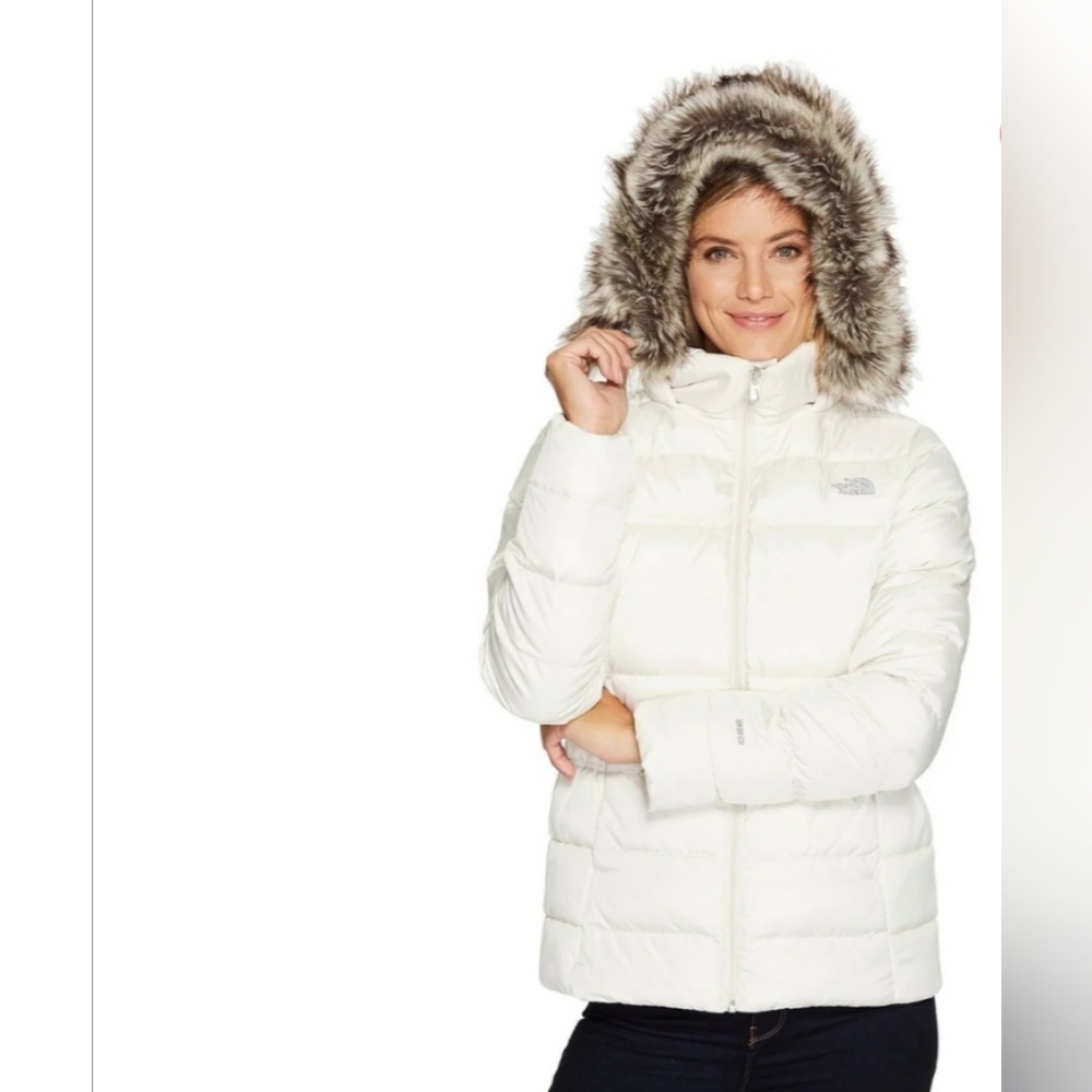 The North Face Women’s White Puffer Jacket with Faux Fur Trim Hood